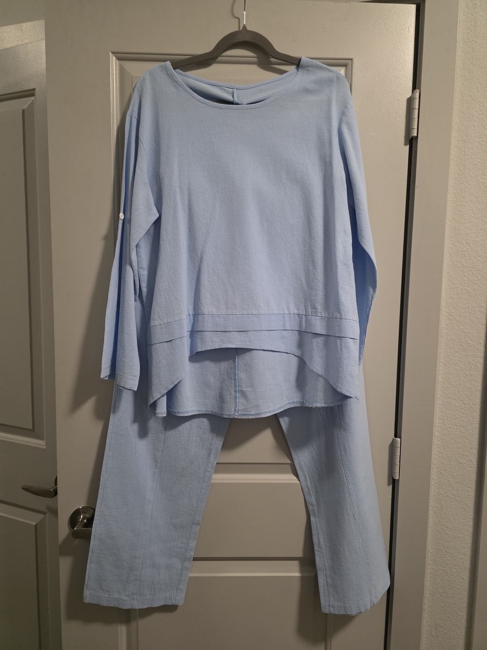 Women's Light Blue Two-Piece Linen  Lounge Set
